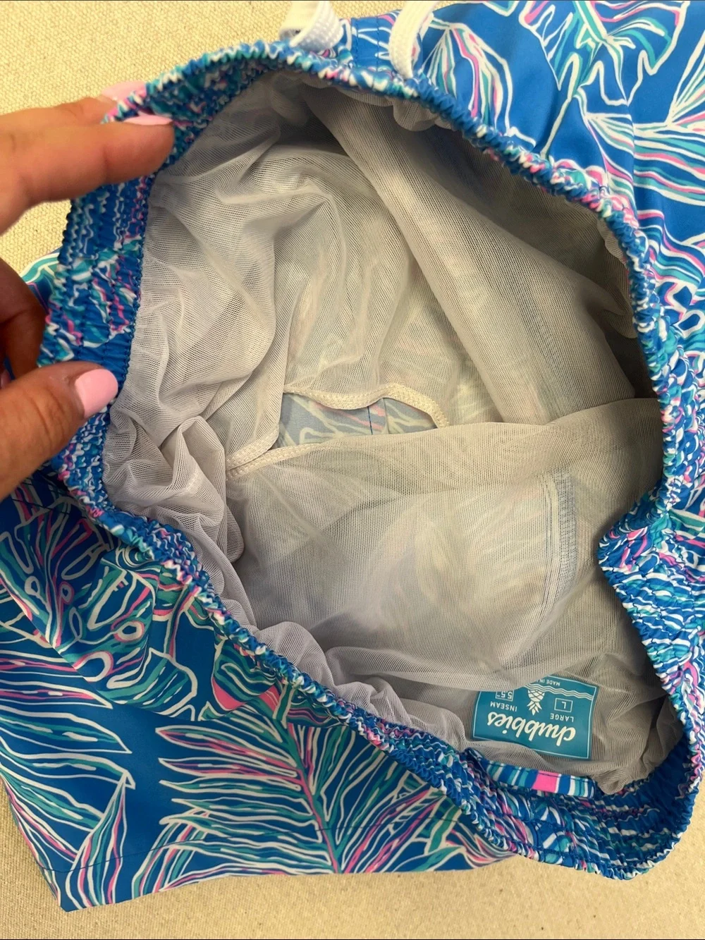 Chubbies Tropical Palm Print Swim Trunks Shorts Mens Large Blue